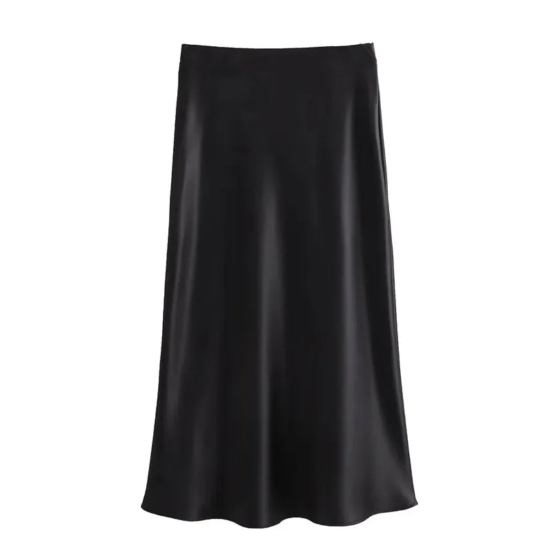 Jupe longue satinée noire – taille haute élégante
