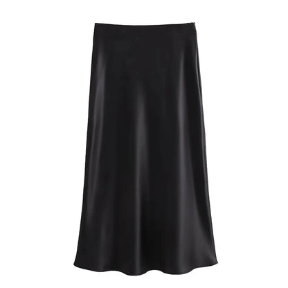 Jupe longue satinée noire – taille haute élégante